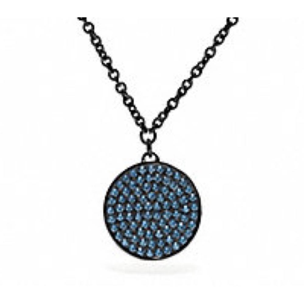Coach Blue Pave/Black Metal Logo Reversible Large Disc Pendant Necklace